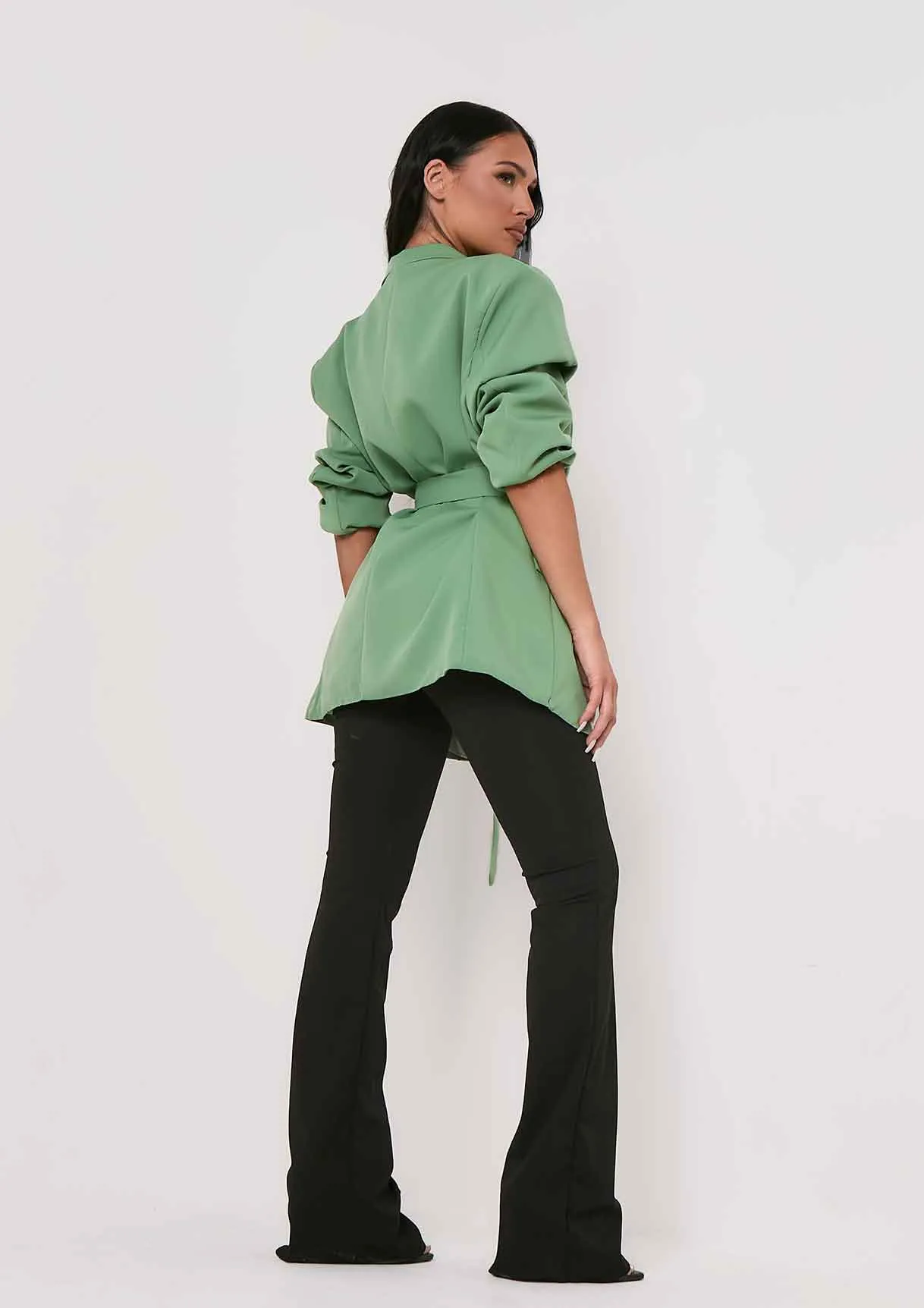 Tia Olive Green Oversized Belted Blazer