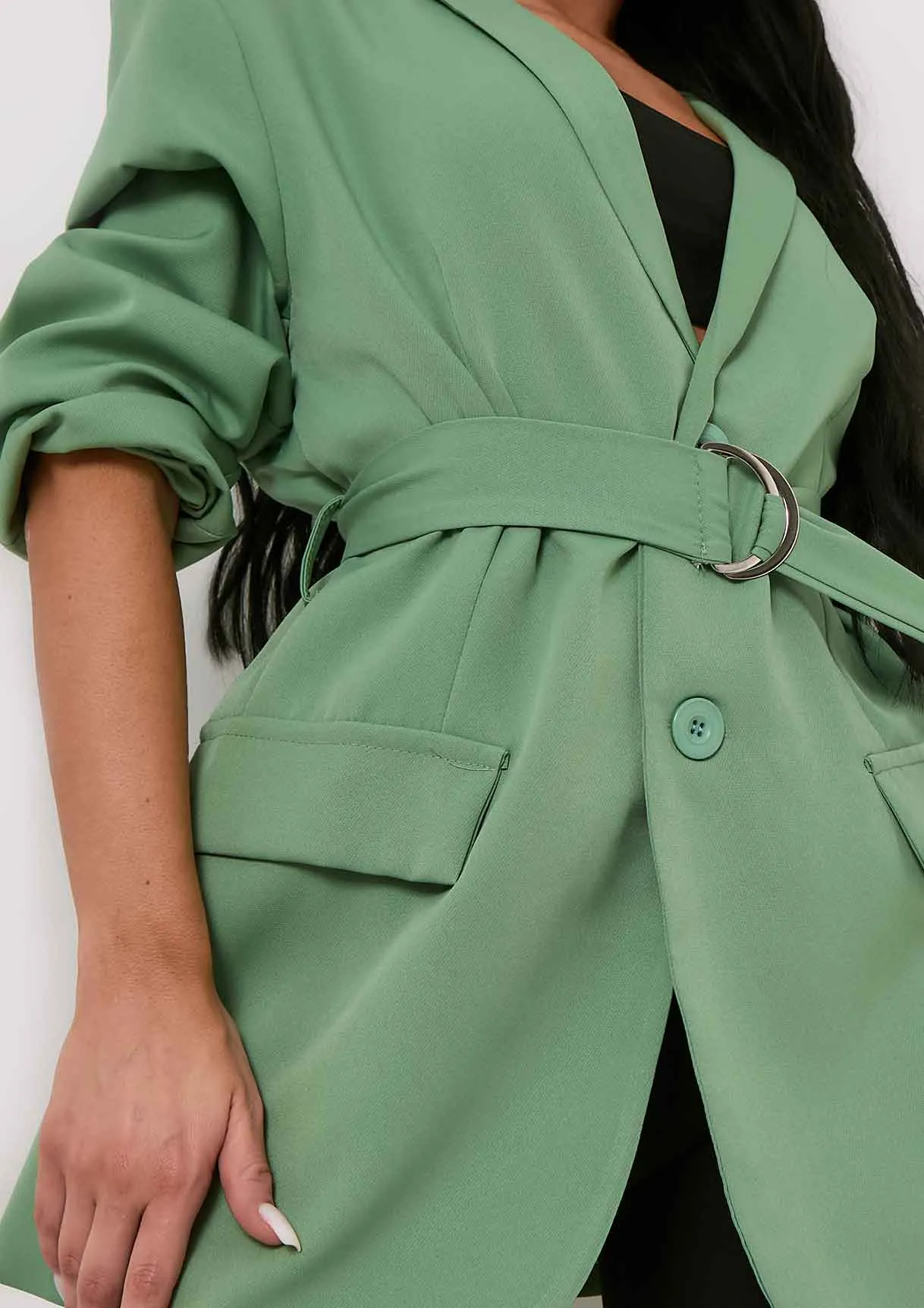 Tia Olive Green Oversized Belted Blazer