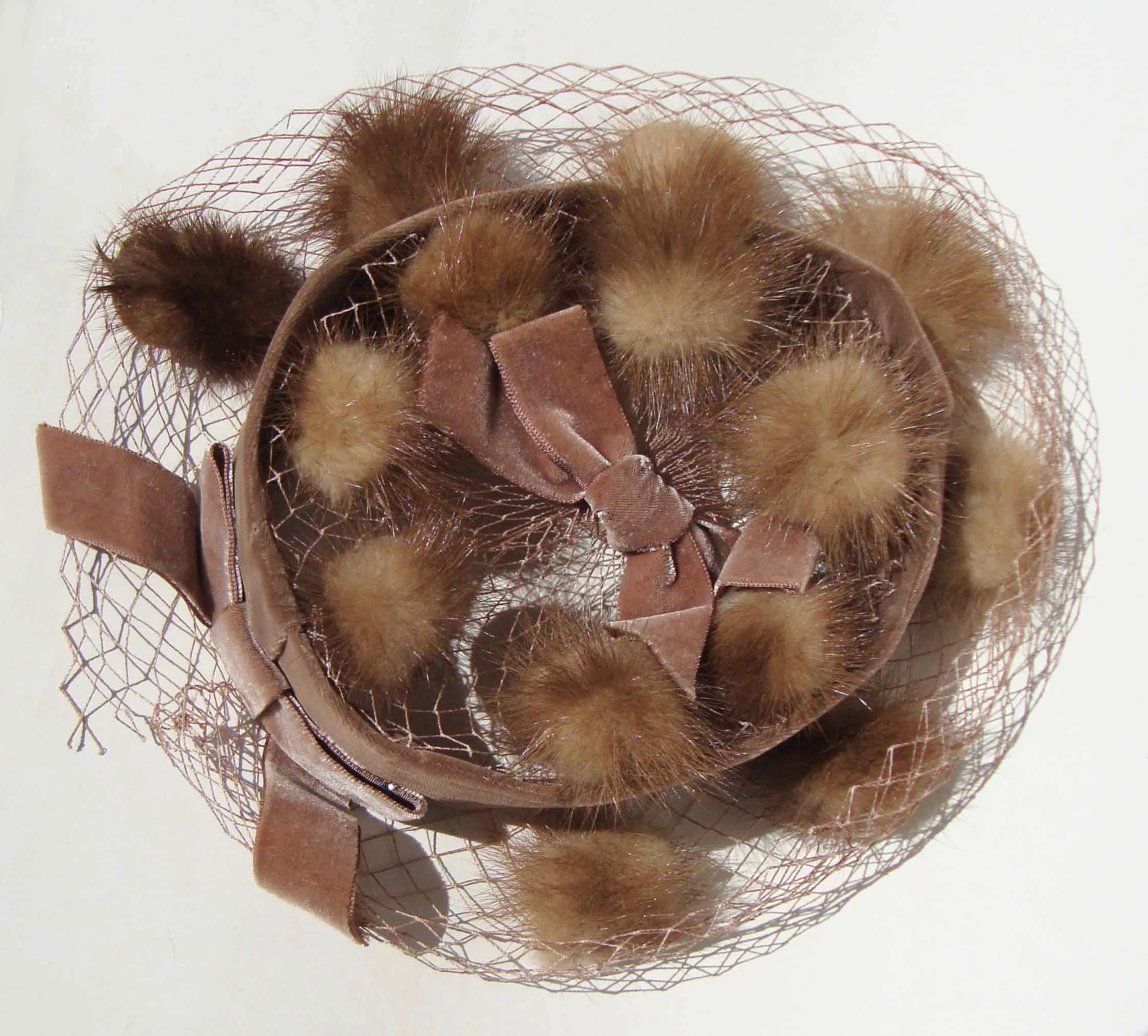 Vintage Mink Hat Pillbox Pom Pom Cocktail Hat