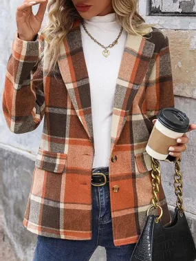 Vintge Plaid Pattern Suit Collar Blazer