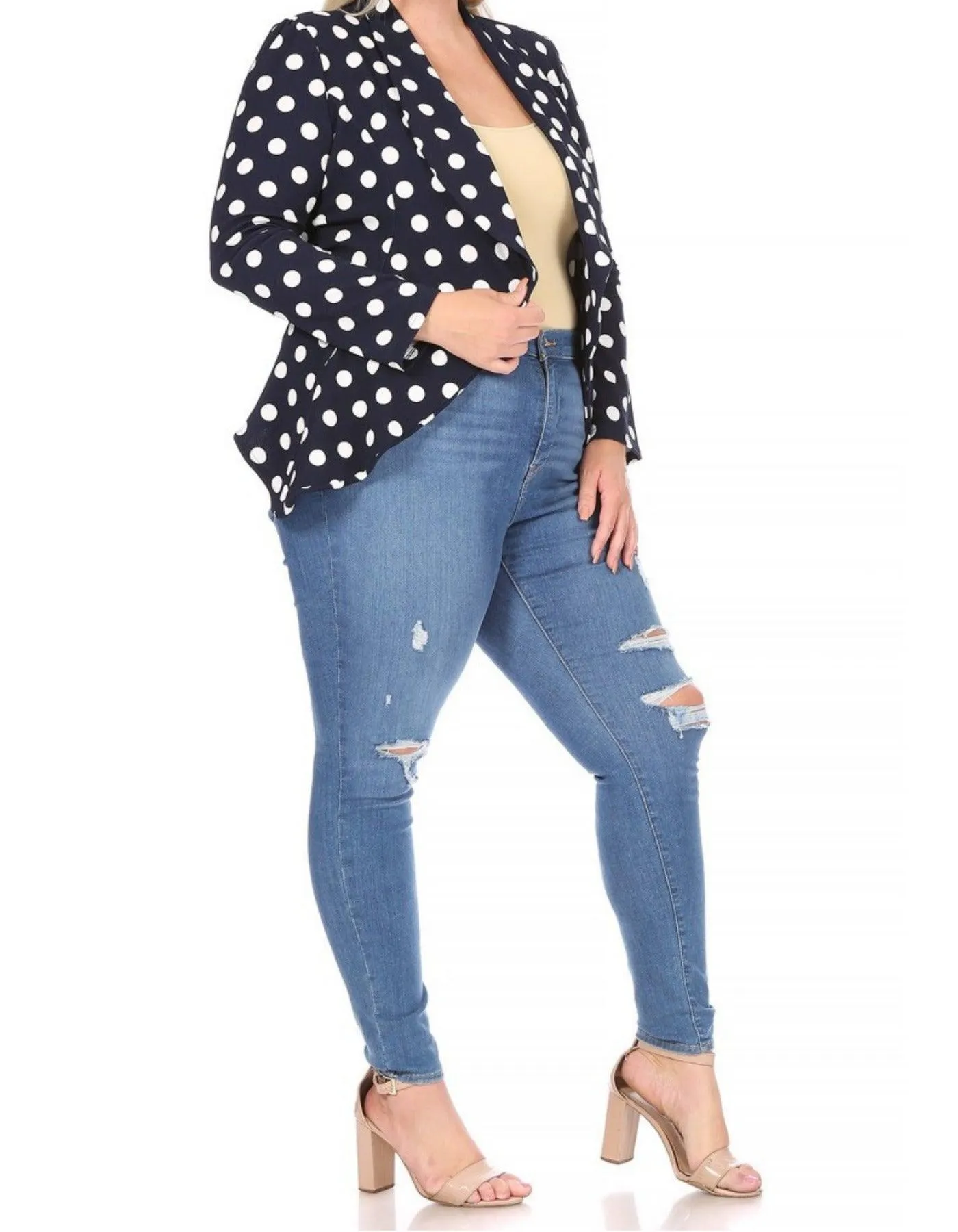 Women's Plus Size Polka Dot Long Sleeves Open Front Business Blazer