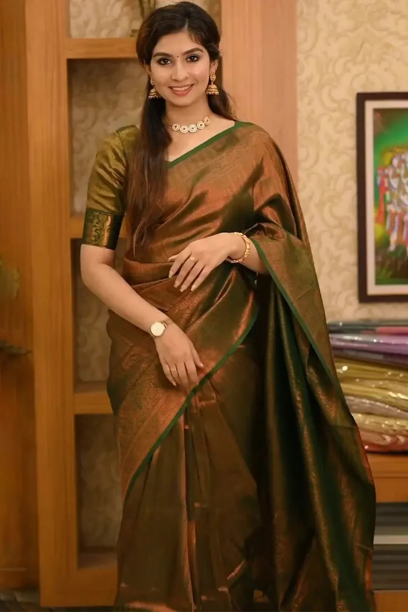 Wonderful Dark Green Soft Silk Saree With Devastating Blouse Piece